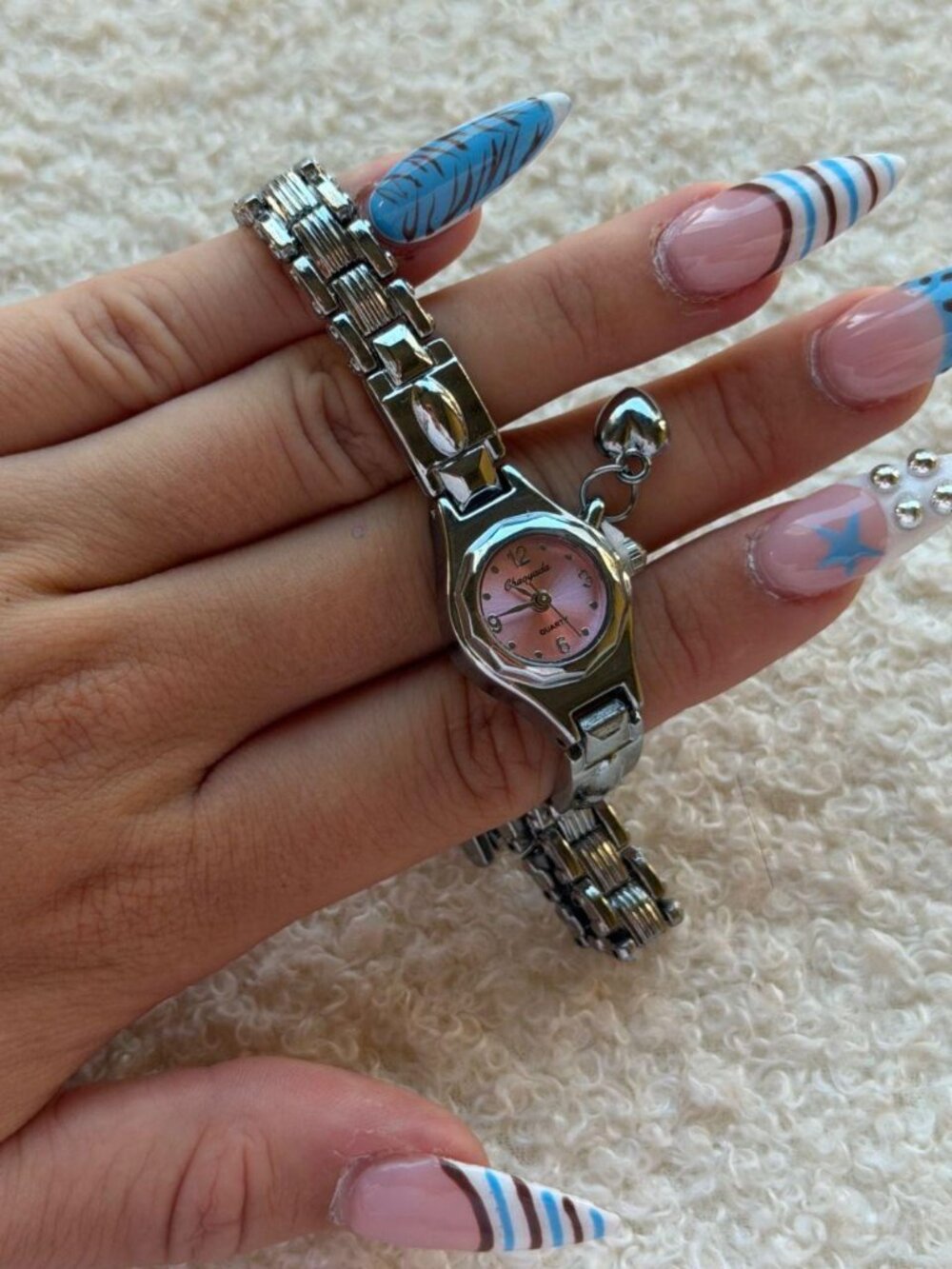 Silver Tone Heart Charm Bracelet Watch Preppy Y2K OS